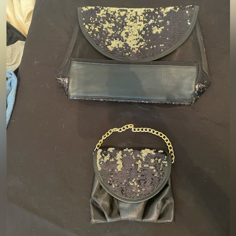 2 Pc Black and  Silver Sequined and Mesh Cosmetic Makeup Bag Set NEW